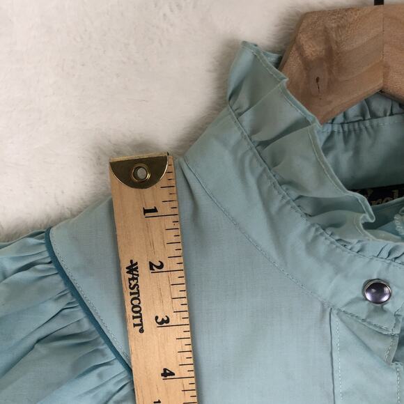 VTG CIRCLE T Western Ruffle Snap Shirt Sz 11 36" Bust Blue Long Puff Sleeve USA - Picture 5 of 9